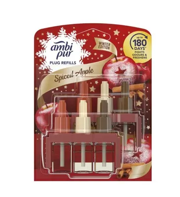 A product package for Ambi Pur plug refills with a spiced apple scent.