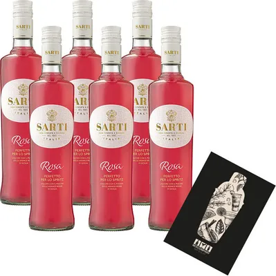 A set of six bottles of Sarti Rosa aperitif, along with a small black card featuring a sketch of a cocktail shaker and ingredients.