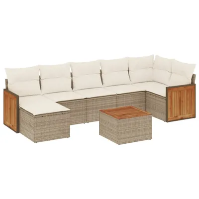 Produktbild von Modulares Garten-Sofaset, 8-teilig, mit Stauraum, wasserabweisendem Beutel, Poly Rattan, Akazienholz, Beige, UV-beständig, Cremeweiße Kissen