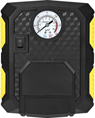 A close-up, front-facing view of a black and yellow auto air compressor.