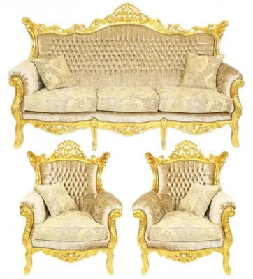 Produktbild von Casa Padrino Barock Wohnzimmer Set Master Creme Samtstoff und Gold - 3er Sofa und 2 Sessel - Masse: 210/85 cm