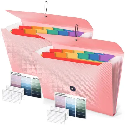 Immagine prodotto di Custodia per documenti A4, 13 scomparti, espandibile, in plastica, colore rosa, confezione da 2 pezzi