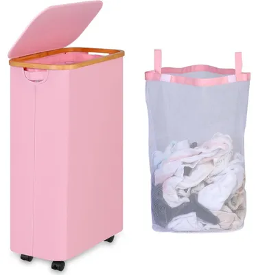 Productafbeelding van Wasmand met deksel, binnenzak, wielen, inklapbaar, 75 liter, roze