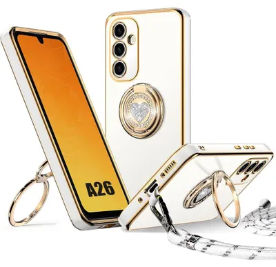 Image de Coque pour Samsung Galaxy A26 5G, Protection Souple TPU Slim avec Anneau Rotatif Motif Coeur et Cordon - Blanc
