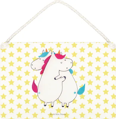 Produktbild von Mr. & Mrs. Panda holzbild Einhörner Umarmen DIN A5 - Weiß - Geschenk, Schild, kleine aufmerksamkeit, Unicorn, BFF, Freundin, Schwestern, Türschild, Wandbild Holz, Liebe