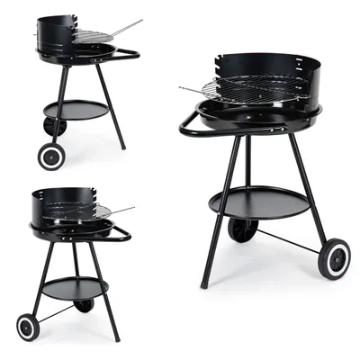 Three views of a black portable grill on a white background.