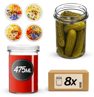 Produktbild von KADAX Einmachgläser 475ml mit Ø 82 mm Schraubdeckel, Marmeladengläser, Schraubgläser zum Einkochen, Einmachen und Aufbewahren von Marmelade & Honig (Biene auf Blumen, 8 Stück)