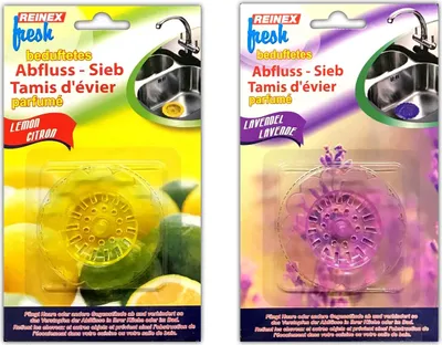 Produktbild von 2er Set Abflusssieb Waschbecken mit Duft | Ablaufsieb Spülbecken Zitrone Lavendel| Spülbeckensieb Küche Bad | Haarsieb Siebkorb Abfluss Kunststoff