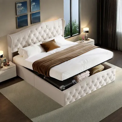 Obrázok produktu pre UnboxG Čalúnená posteľ 140x200 cm béžová s úložným priestorom, hydraulická dvojposteľ s plynovým tlakom, úložná posteľ s roštom – moderná posteľ do spálne