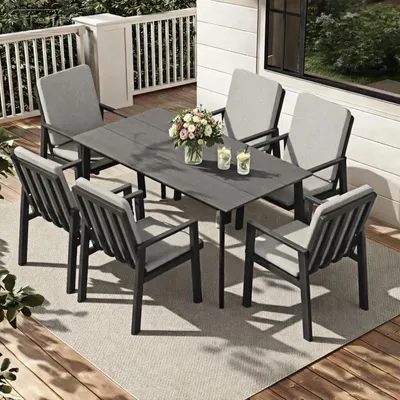 Produktbild von RICHLY Gartenlounge-Set Dining Lounge für 6 Personen Outdoor,Garten-Essgruppe mit Kissen und Sitzpolstern Aluminium,Gartenmöbelset, 7-tlg,Schwarz