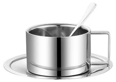 Obrázek produktu pro Trojdílná sada sestávající z dvoustěnného nerezového kávového hrnku s podšálkem a lžičkou, dvoustěnná, tepelně izolační, vhodná i na mléčný čaj a čaj, stříbrná barva
