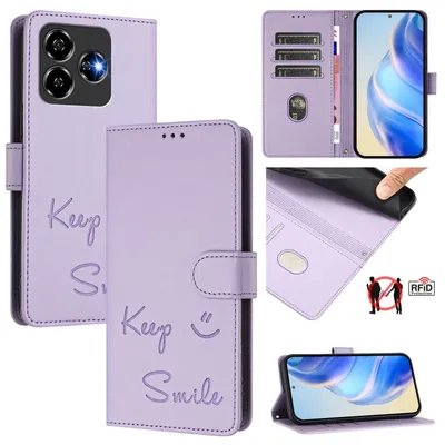 Imagen del producto de Funda de cuero sintético con diseño "Keep Smile" para teléfonos ZTE Blade V60 Vita / Axon 60 Lite, con protección RFID y color púrpura