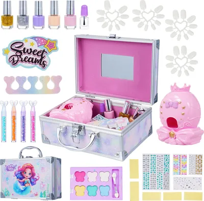 Obrázok produktu pre 32-dielna sada na líčenie pre deti, netoxický make-up na vlastnú tvorbu, sada na líčenie pre malé dievčatá 4šC6, s sušičom na nechty, lakom na nechty, očnými tieňmi, zlatým práškom na nechty, pilníkom na nechty, umelými nechtami, balíčkom s úložnou krabičkou na nálepky