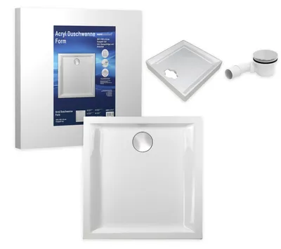 Produktbild von sanicomfort Duschwannen-Set Form 80 x 80 x 5 cm - Flache Acryl-Duschtasse inkl. Styropor-Wannenträger & Ablaufgarnitur, Weiß, Komplett-Set für bodengleichen Einbau