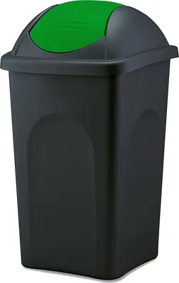 A black trash can with a green lid.