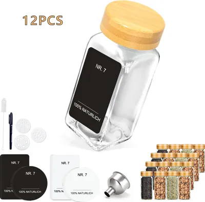 Produktbild von Glasaufbewahrungsgläser Mit Bambusdeckel - 12er Set Gewürzgläser 120 ml - Luftdicht - BPA-frei - Wiederverwendbar - Bambus