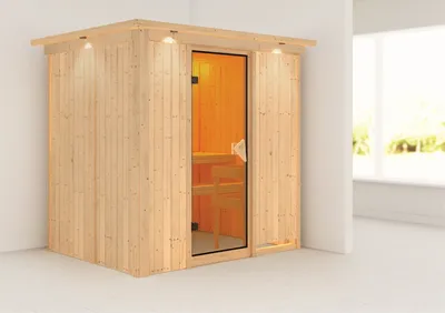 Produktbild von Karibu Sauna Innensauna Bodin Fronteinstieg ohne Zubehör 210x165x202 cm mit Dachkranz mit Bronzierte Tür