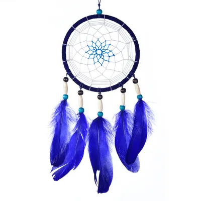 Produktbild von Traumfänger für gute Träume mit Perlen und echten Federn blau Ø 14 cm