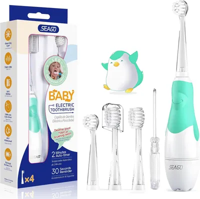Produktbild von Elektrische Kinderzahnbürste 0-3 Jahre LED Licht Smart Timer 24000 Vibrationen IPX7 Baby Schallzahnbürste weiche Borsten 4 Aufsätze AAABatterie