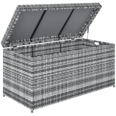 Image de Boîte de rangement Outsunny en rotin 380 L, résistante aux intempéries, avec couvercle
