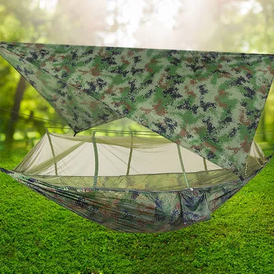 Produktbild von Camping Hängematte mit Zipper Moskitonetz und Zeltplane,300kg Last Kapazität Hängematten Atmungsaktiv Moskitonetz Schnell Trocknend Fallschirm Plane für Camping Wandern Reise Hof (Tarnung Hängematte+ Tarnung Baldachin )