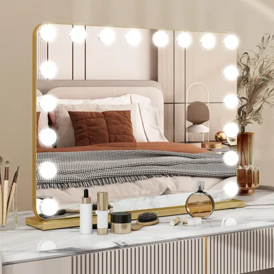 Productafbeelding van Puluomis cosmetische spiegel, make-upspiegel, 80x60 cm, Hollywood-stijl, dimbaar met 18 LED-lampen, 3 kleuren, 10x vergroting, wandspiegel, goudkleurig, met afgeronde hoeken