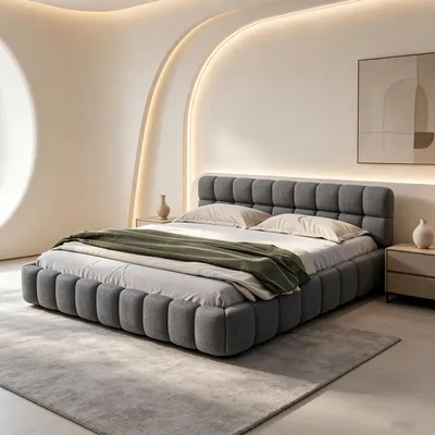 Produktbild von INONEFT Bubble-Bett 160x200cm, Polsterbett, Doppelbett mit gepolstertem Kopfteil, Jugendbettrahmen mit Lattenrost, Flachbett, Gästebett, Leinen,Grau