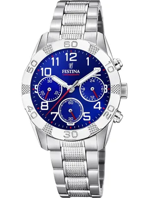 A close-up studio shot of a men's wristwatch with a blue dial and silver metal band.