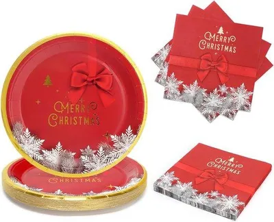 Productafbeelding van 50-Delige Kerst Servies Set met Borden en Servetten - Sneeuwvlokken Thema