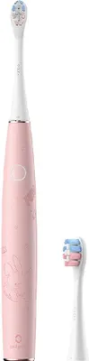 A pink electric toothbrush and a replacement brush head are shown against a white background.