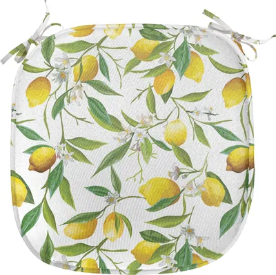 A square seat cushion with a lemon and leaf pattern.