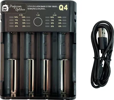 Produktbild von Univerzální nabíječka Professor Optiken pro lithium-iontové baterie a niklové baterie Ni-MH/Ni-Cd (CR123A, 16650, 18650), 0,5-2A, 4 samostatné přihrádky