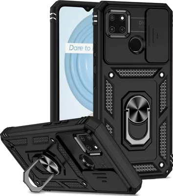 Produktbild von Realme C21Y/C25Y Hülle mit Schiebe Kamera Schutz und Ringhalter Ständer Robust Rüstung Schutzhülle für OPPO Realme C21Y/C25Y Schwarz