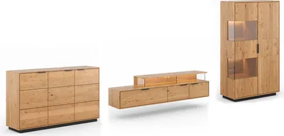 Produktbild von Wohnwand Tirano Wohnzimmer-Set Massivholz geölt Ausführung wählbar,Kommode, Lowboard, Vitrine,Eiche Natur