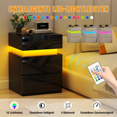 Produktbild von Nachttisch,Nachtschrank mit LED Licht,Nachtkommode mit 3 Schubladen,Schwarz Hochglanz Beistelltisch Sofatisch für Wohnzimmer,Schlafzimmer 35x40x55cm