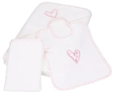 Produktbild von Betz 3tlg Kapuzentuch 85x85 cm Babyset HERZCHEN I 100% Baumwolle 1 Kinder Badetuch 1 Lätzchen 1 Waschhandschuh Baby Farbe - weiß-rosé