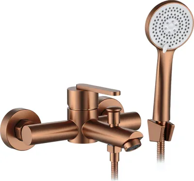 A copper-colored bathtub faucet with a handheld shower head, shown against a white background.