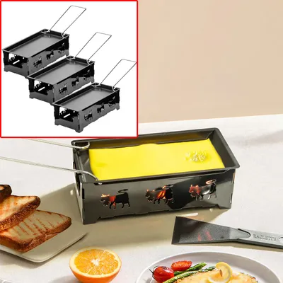 Produktbild von 3er-Set Teelicht-Raclette für 1-2 Personen, Set ohne Strom, Teelichter & Schaber, Metall mit originell ausgestanzten Kühen, antihaftbeschichtet