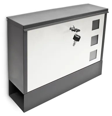 Produktbild von Relaxdays Briefkasten mit Zeitungfach, HBT: 30 x 36 x 10 cm, Metall, mit 2 Schlüsseln, moderner Postkasten, schwarz/weiß