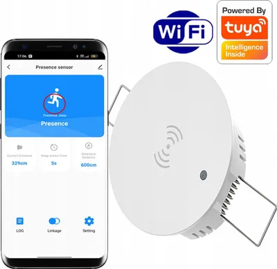 A smartphone displaying a presence sensor app next to a white round presence sensor device.