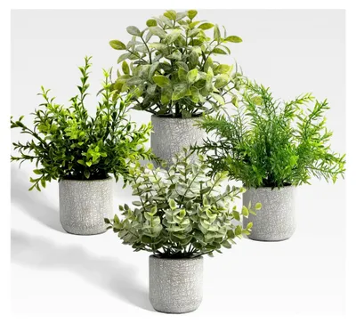 Produktbild von 4 Stück Kunstpflanzen Klein, Eukalyptus in Betontöpfen, Künstliche Pflanzen für Wohnzimmer, Badezimmer, Schlafzimmer, Küche, Tisch und Büro