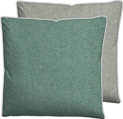 Two pillows, one teal and one gray, are shown overlapping.