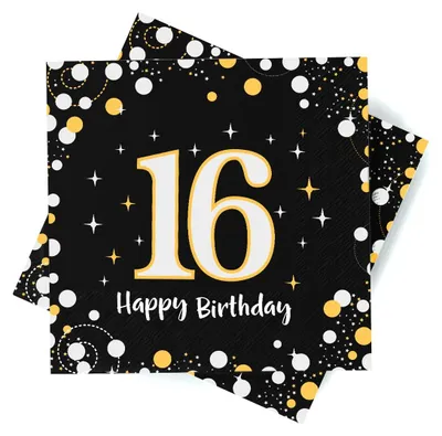 Produktbild von Servietten für den 16. Geburtstag – 30 Stück, schwarz mit Gold