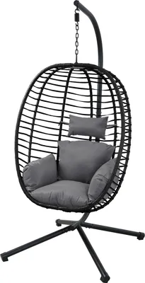 A black egg-shaped hanging chair with gray cushions, shown on a white background.