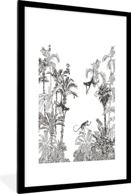 Produktbild von MuchoWow® Gerahmtes Poster Dschungel - Schwarz - Weiß - Affe 60x90 cm - Poster mit Schwarzem Bilderrahmen Wandposter Rahmen Foto Bilder - Dekoration - Wandposter Wohnzimmer - Hochwertig