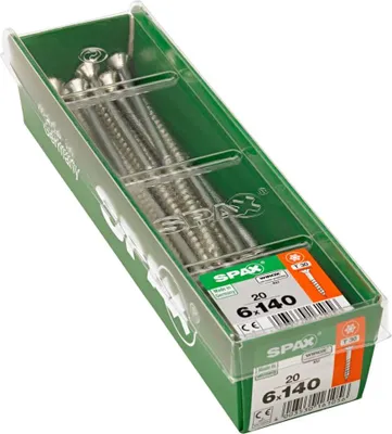 Produktbild von Packung mit 20 SPAX Senkkopf-Torxschrauben aus Stahl, 6 mm Durchmesser x 140 mm Länge