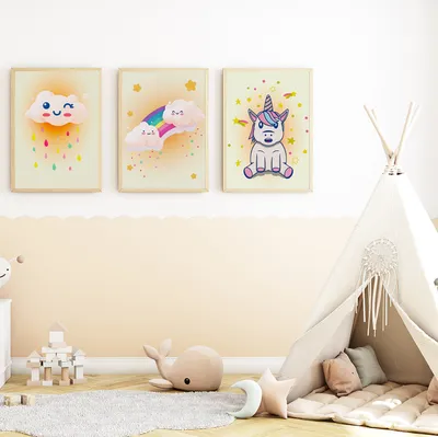 Produktbild von Regenbogen Einhorn Bilder 3er Set DIN A4 Kinderzimmer Wandbilder Babyzimmer Poster Dekoration