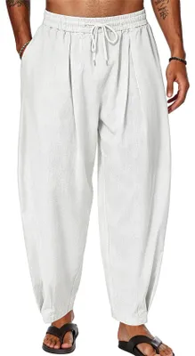 Image de ASKSA - Pantalon ample pour hommes, en coton et lin, idéal pour l'été, léger, parfait pour la plage ou les loisirs, avec poches (blanc, taille L)