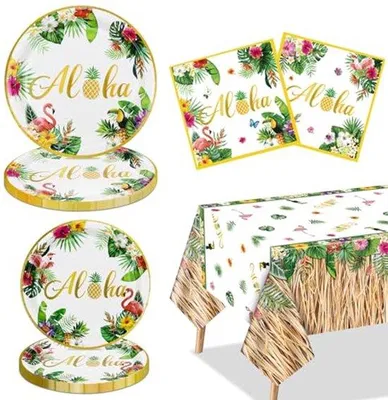 Obrázek produktu pro Ultiluxe Ubrus - Aloha Sada pro Oslavy - opakovaně použitelný - Dekorace pro Akce - 130 x 220 cm - Téma Hawaii - voděodolný - bílá/zelená/žlutá