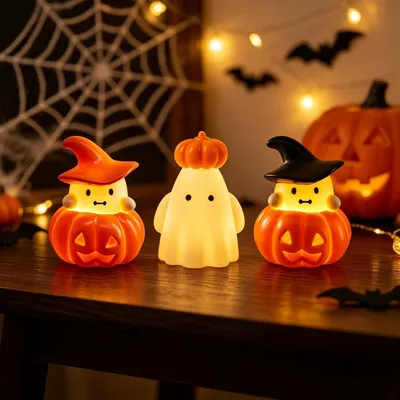 Produktbild von Halloween Deko 3er Set, leuchtende Geisterlaternen mit Kürbisdesign, stimmungsvolle Tischdeko und Nachtlichter für Party und Kinderzimmer